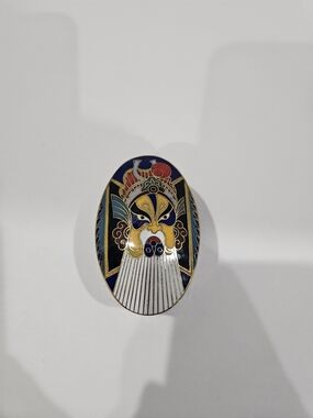 Vintage Chinese Cloisonne Enamel Trinket Box Peking Opera Mask Oval Pill Box